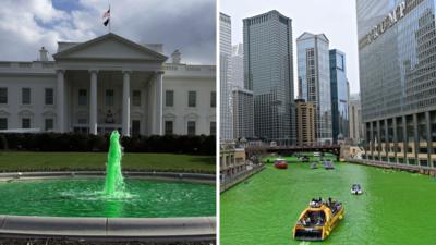 Splitscreen. Left, the white house fountain dyed green. Right, the Chicago river dyed green.