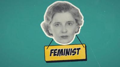 Cut-out black and white photograph of a woman's head with an illustrated "FEMINIST" placard around her neck