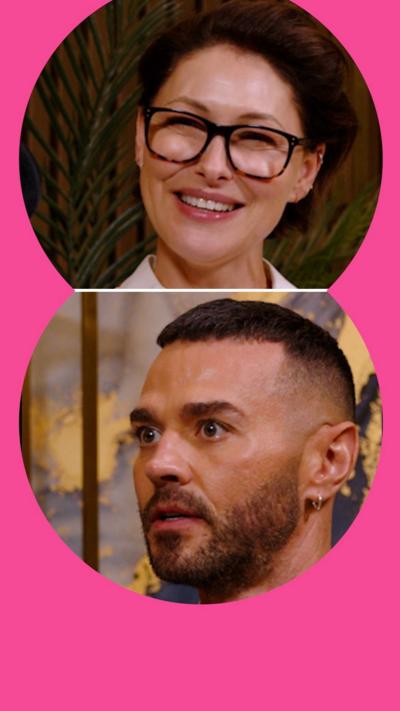 Splitscreen image showing Emma and Matt Willis. She has short brown hair and wers tortoise shell glasses. He has short hair and a beard.