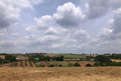 Rolling farmland beneath large clouds, with dry grass in the foreground in Exeter, Devon