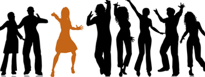 a silhouette of a crowd dancing with one member orange