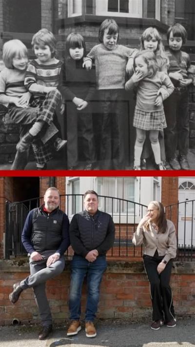 Sibilings Andre Keane and Caroline Keane-Hayes (left and right) and cousin Gerald Costello (centre) recreated their 50-year-old poses