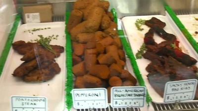 Display of vegan meat in butcher shop