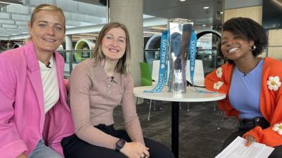 Katie Chapman, Ellen White and Newsround presenter Emma-Louise