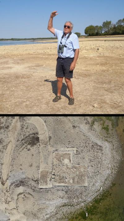 Tim showing how high the water level usually is by holding his hand in the air and drone shot shows building foundations from above
