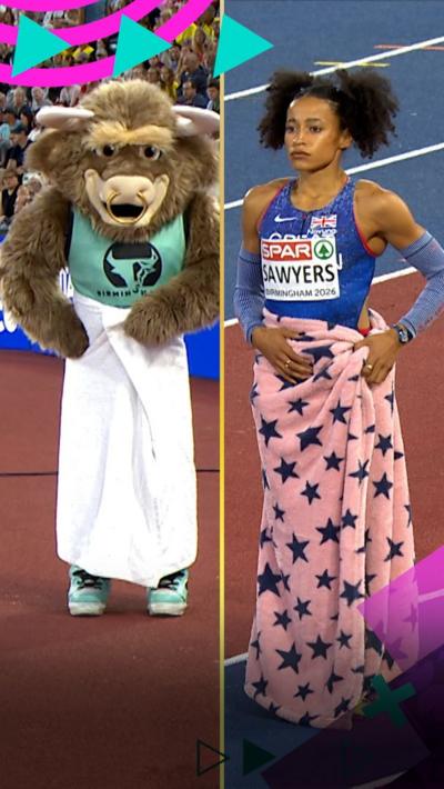Bab the Bull impersonating Jazmin Sawyers wearing a towel around its waist at the European Championships.