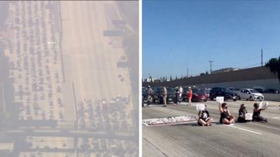 Split screen showing aerial of stalled traffic and protesters on the road