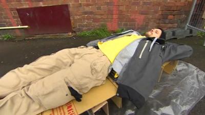 The cardboard bed is tried out at a soup kitchen in Wolverhampton