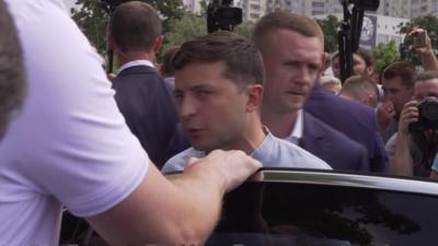 Ukrainian President Volodymyr Zelensky talks to reporters in Kiev