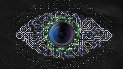 Digital image of a camera and circuitry background resembling a human eye