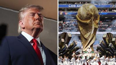 Split screen. Left, Donald Trump. Right, inside SoFi Stadium.