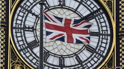 The UK flag flying in front of Big Ben at the Houses of Parliament, London