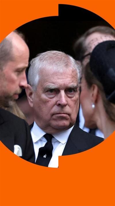 Prince Andrew stands behind the Duke and Duchess of Cambridge at the Duchess of Kent's funeral