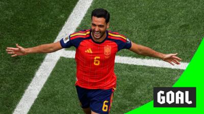 Mikel Merino runs with his arms wide open to celebrate scoring Spain's winning goal against Belguim in the 2026 World Cup.