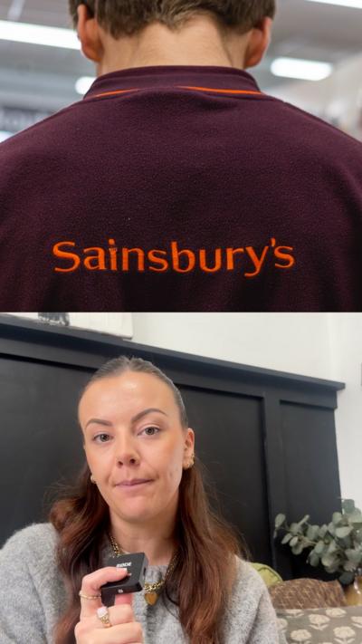 An image of someone in a maroon jumper with Sainsbury's written in orange on the back and Tink Llewellyn, who has long dark hair, in front of a dark feature wall