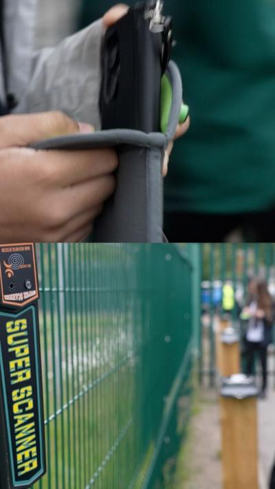 A split screen image. On the bottom a handheld security scanner is hanging on a green metal fence. On the top a pupil's hands are putting a phone into a grey bag just slightly bigger than the phone itself.
