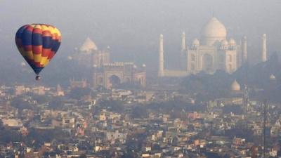 Hot air balloon over the Taj Mahal