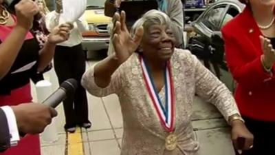 Virginia McLaurin wearing her Presidential Medal of Honor