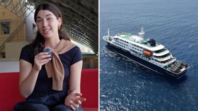 Split screen of a woman wearing a black shirt sitting on a red couch and cruise ship in the ocean