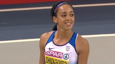 GB's Katarina Johnson-Thompson throws a lifetime best of 13.15m in the early rounds of women's pentathlon shot put