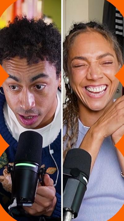 Miquita Oliver and Jordan Stephens in a split screen image. They are both at home and laughing heavily next to a mic
