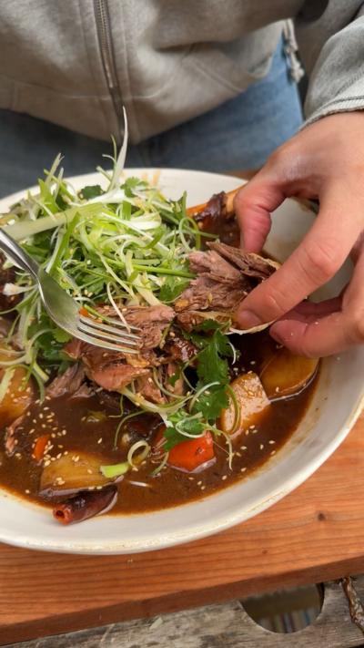 Lamb in sauce with garnish on a white plate