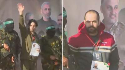 Split screen image showing Ofer Kalderon, 53, and Yarden Bibas, 34, standing on a stage, surrounded by Hamas fighters