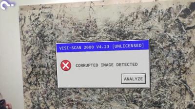 A piece of art work viewed through an augmented reality app. A computer dialogue box reads: "Corrupted Image Detected"