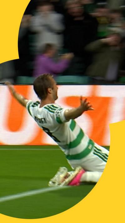 Benjamin Nygren slides on his knees with his arms stretched out after scoring for Celtic