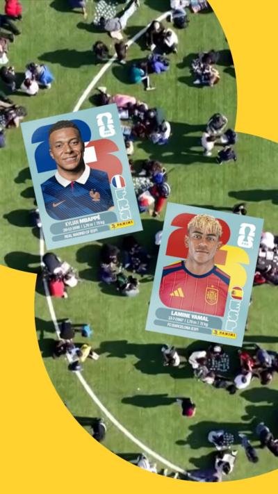 Scores of people gathered on a football pitch, with World Cup stickers of Kylian Mbappé and Lamine Yamal superimposed.