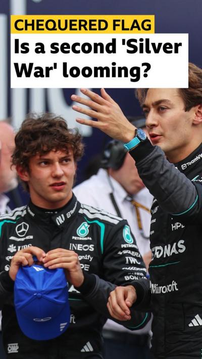 Kimi Antonelli and George Russell for Mercedes stand beside each other