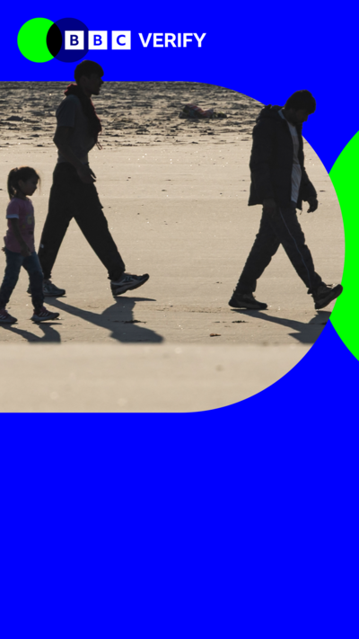 Migrants walk on a beach in the UK. Two men are walking alongside a young girl. 