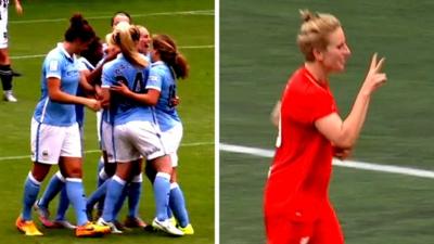 Manchester City's Steph Houghton and Liverpool's Natasha Dowie celebrate after scoring in the Women's Super League