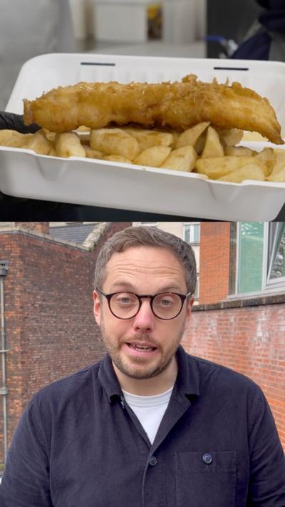 a reporter and fish and chips in split screen