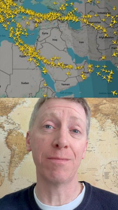 A composite image of flight radar screen and correspondent Kevin Peachey