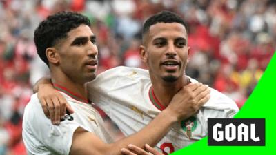 Achraf Hakimi & Azzedine Ounahi smiles to the crowd while hugging after scoring for Morocco in the 2026 World Cup.