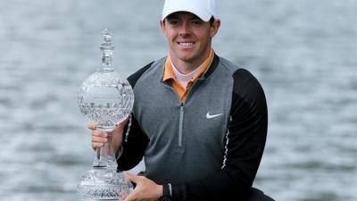 Rory McIlroy celebrates winning the Irish Open