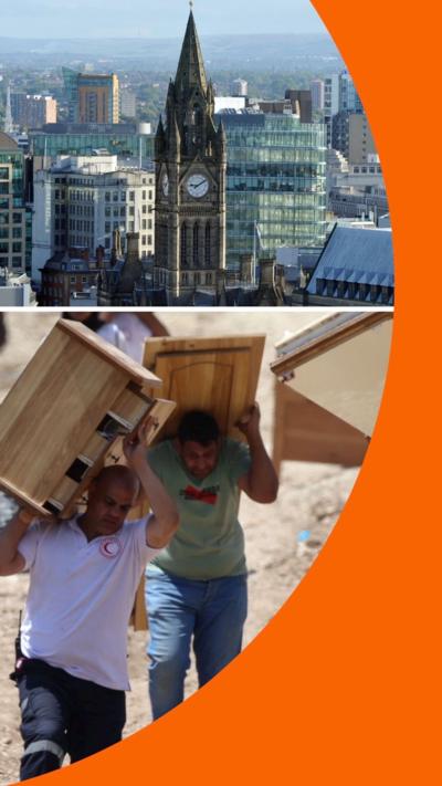 Composite of Manchester skyline and Gazans carrying wooden objects 