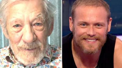 Composite image of Sir Ian McKellen, wearing a multicoloured pattern shirt, and Sam Heughan, wearing a black vest