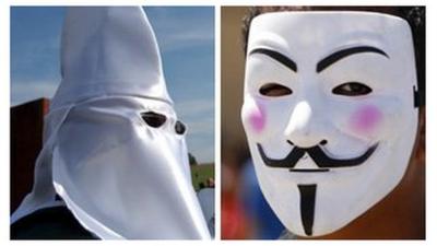 Composite image of KKK member and man in mask representing Anonymous hackers group