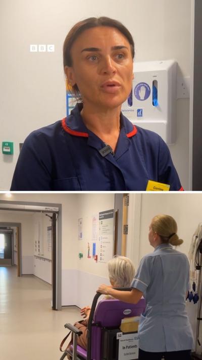 A split screen image. A woman with brown hair and a blue matron's uniform. Below, a patient is pushed along a hospital corridor in a wheelchair