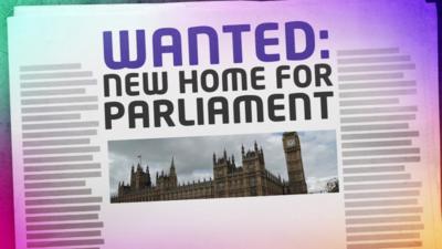 Mocked up headline article which reads 'Wanted new home for Parliament'