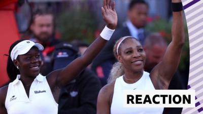 Victoria Mboko and Serena Williams wave to crowd 