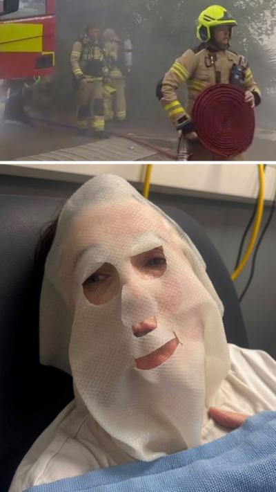 omposite image of a firefighter in full gear carrying a red hose, a woman with brown hair and bandages on her face, a charred and broken set of stairs