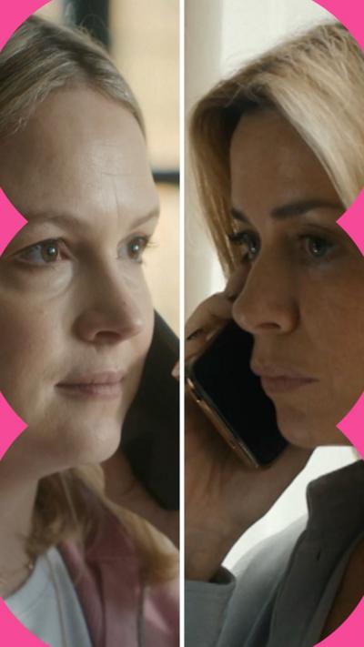 Composite image of characters Eleri and Fran, on the phone to each other looking tense
