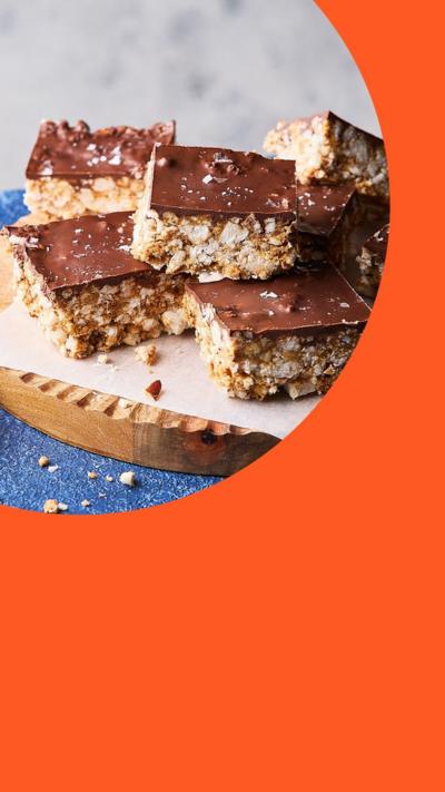 Slices of salted almond and dark chocolate rice cake bars