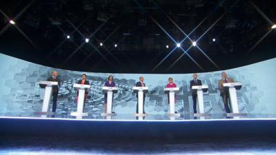 Patrick Harvie, Ruth Davidson, Kezia Dugdale, BBC Scotland's Glenn Campbell, Nicola Sturgeon, Willie Rennie and David Coburn