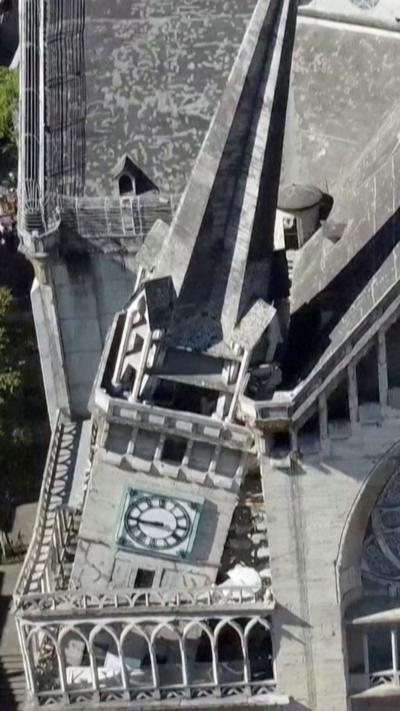 Aerial shot damaged clocktower on Manizales Cathedral after a 7.4 magnitude earthquake hit Colombia.