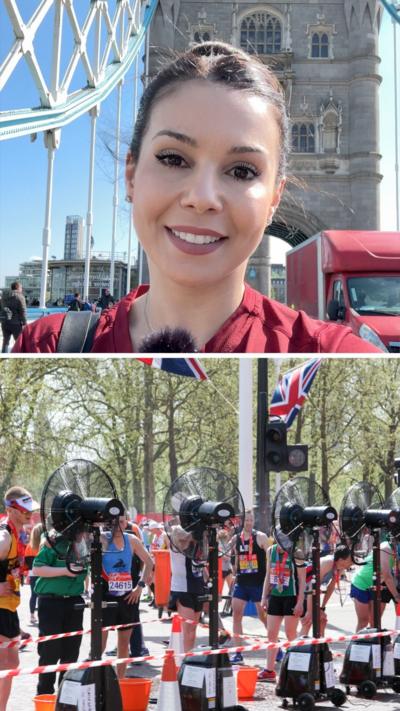 Spilt screen: Reporter top half and runners stand in front of fans after taking part in London Marathon in bottom half.