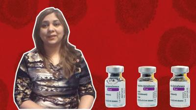 Dr Nadia Ghani in front of a red background with three vials of AstraZeneca vaccine in the foreground